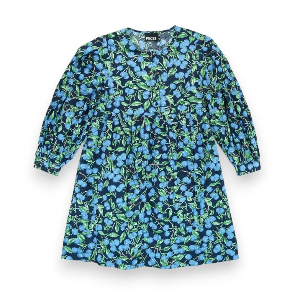 NWT Pieces Women's Midi Dress Blueberries Print Size Small Long Sleeves Button‎